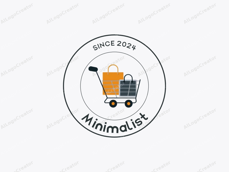 minimalist design features a stylized shopping cart and shopping bag, combined with clean lines and a tag style approach on a white background.