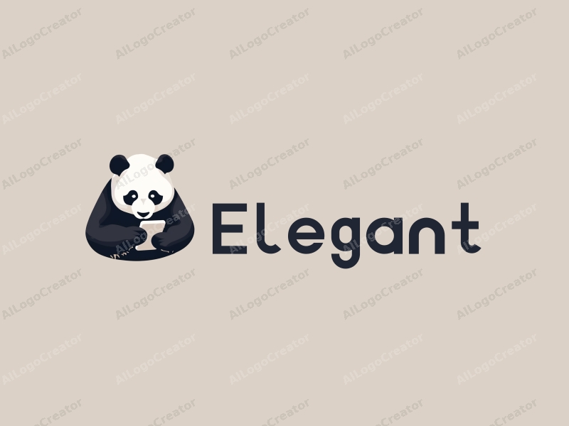 modern design features an elegant panda interacting with a smartphone, incorporating sleek lines and a minimalist approach combined with a clean background.