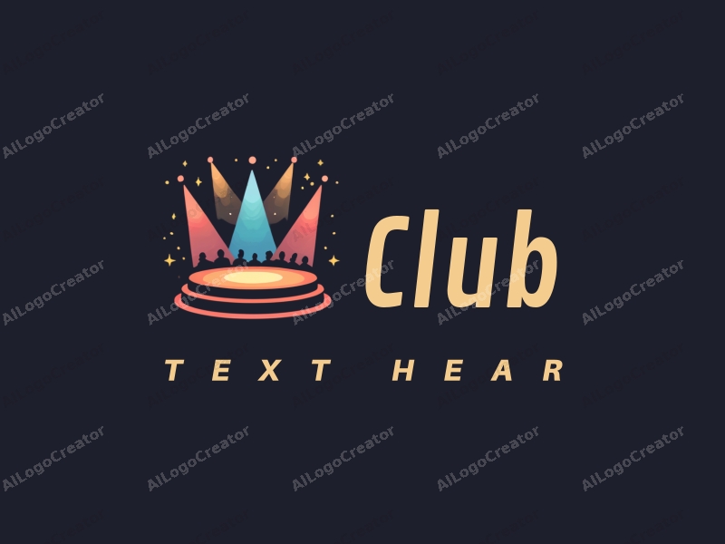 a modern minimalist design featuring a stylized club scene with abstract representations of social interaction, a stage, and dynamic lighting elements, combined with a clean black background.