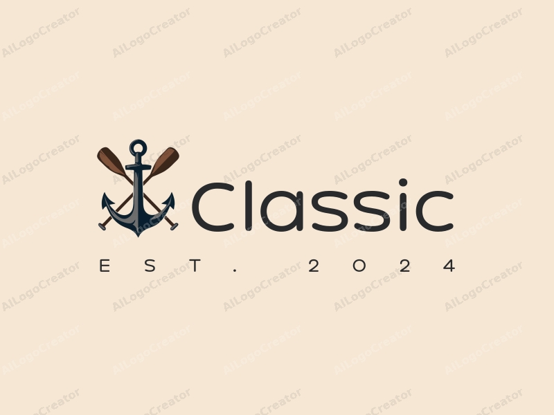 vintage design features a classic anchor and paddle intertwined, with a deep color palette and neutral tones, combined with a clean background.