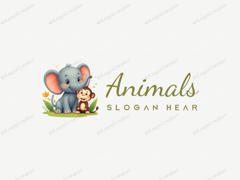 playful design features a baby elephant and a baby monkey in a vibrant, colorful setting, incorporating elements of wildlife and education, with a clean and harmonious composition.