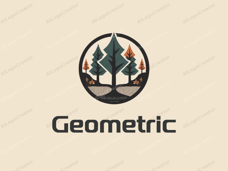 geometric design features a harmonious combination of squares and circles, stylized trees, and textured elements, combined with a clean background.