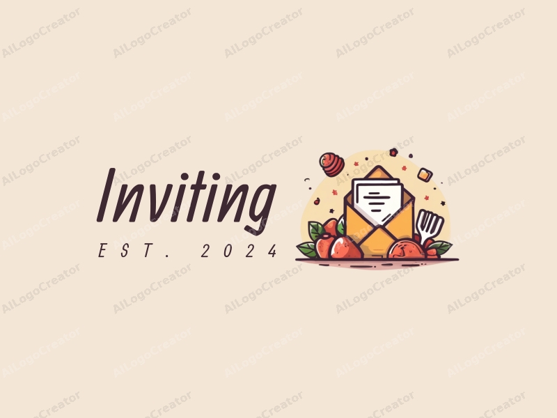 playful design features a stylized invitation card, a welcoming gesture, and elements of food and celebration, combined with a clean background.