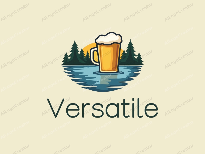 modern design features a stylized lake and a beer cup, incorporating multifunctional and adaptable elements with a clean background.