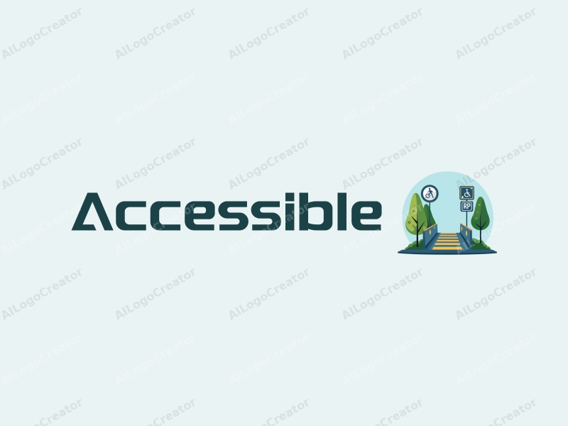 modern design features accessibility elements like ramps and signage, combined with a clean background in blue and green tones, emphasizing inclusivity and urban planning.