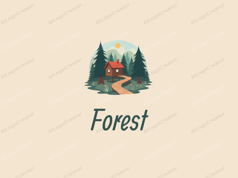 vintage design features a serene forest scene with stylized trees, a whimsical treehouse, and a winding boardwalk, combined with a clean background.