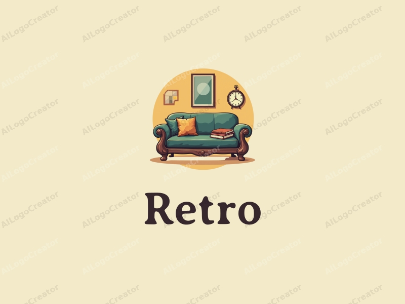 vintage design features a retro sofa, a retro poster, a vintage clock, and classic books, combined with a clean background.