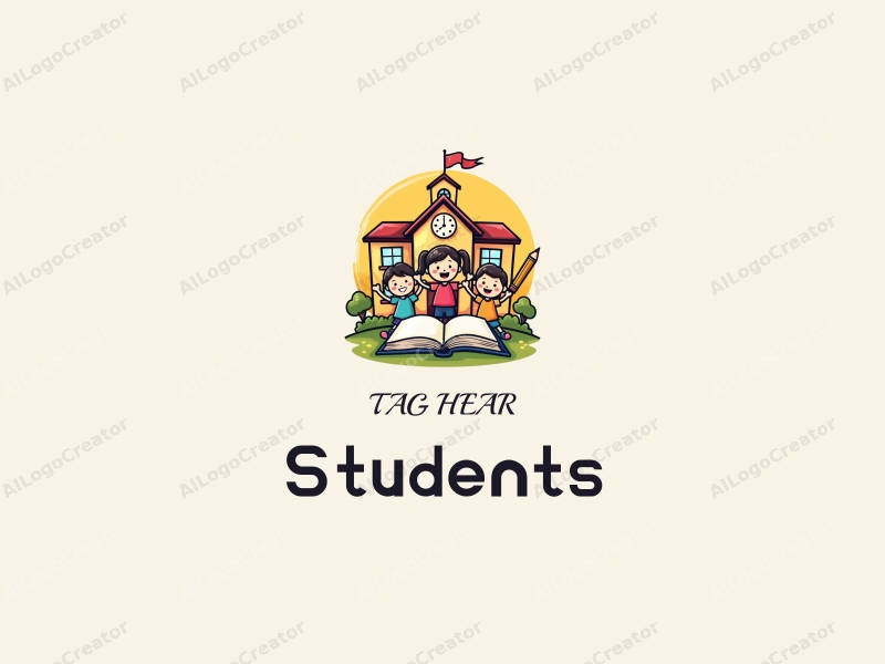 playful design features cheerful students, a stylized school building, open books, and pencils arranged harmoniously with a vibrant background.