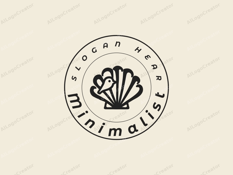 minimalist design features a stylized bird and shell, using clean lines and a tag style approach combined with a simple black and white background.