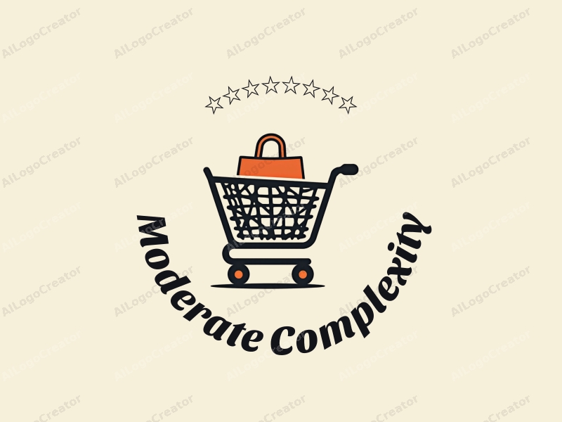 modern design features a stylized shopping cart and shopping bag, combined with a complex and intricate design approach, set against a clean background.