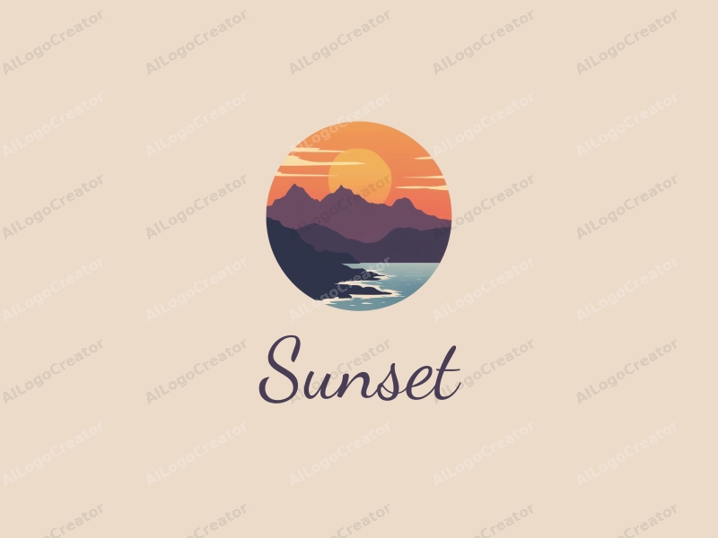 vintage design features a stylized sunset over a coastline with mountains in the background, using a harmonious blend of orange and purple colors, combined with a clean and simple layout.