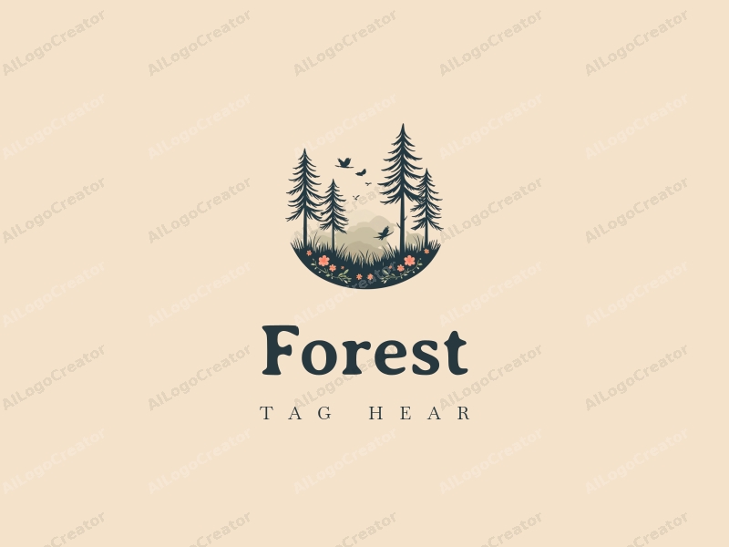 vintage design features a serene forest landscape with stylized trees, small birds perched on branches, and blooming flowers, combined with a clean background.