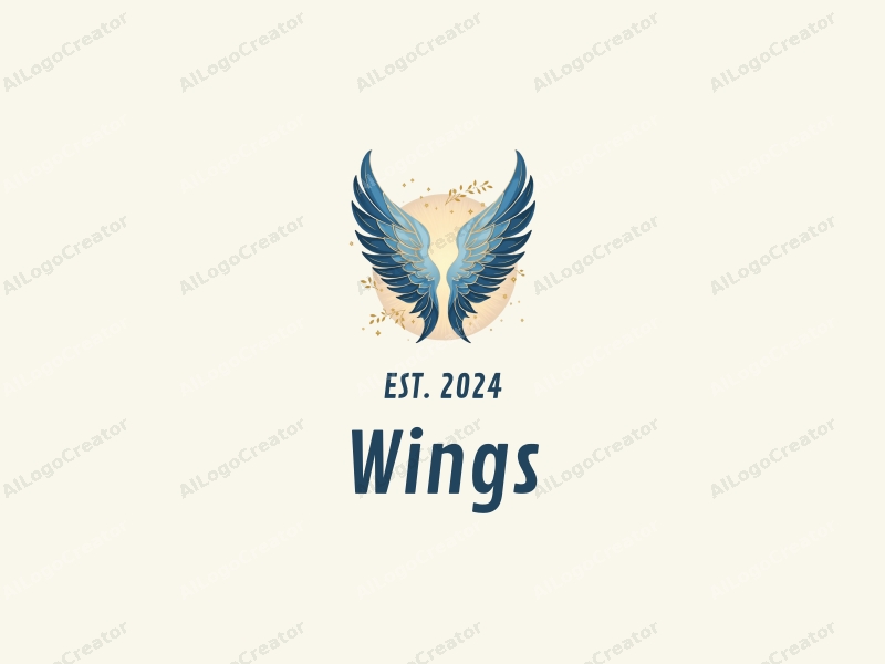 a dreamy design featuring stylized wings in white and blue, symbolizing flight, combined with a modern aesthetic and natural elements, set against a clean background with golden accents.