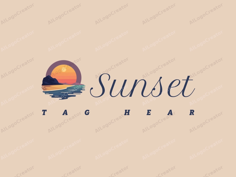 vintage design features a serene sunset over a golden beach, with a stylized landscape and a purple sky, combined with a clean background.