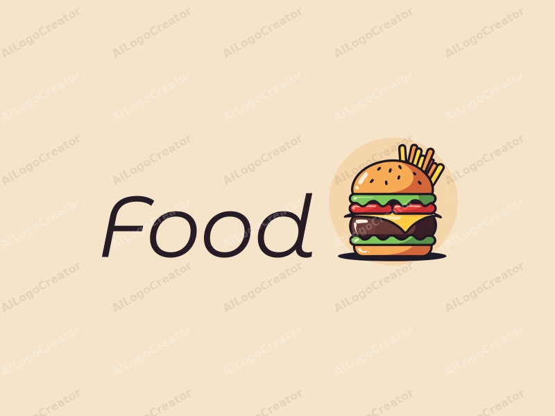 a modern design featuring a stylized burger and fries, with vibrant colors and a clean background, emphasizing the deliciousness of the food in a harmonious and simple composition.