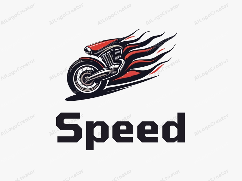 a modern design featuring dynamic lines representing speed, a stylized engine and tire, combined with a clean background to emphasize power and motion.