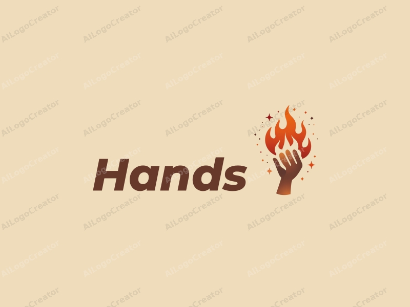 a modern design featuring a stylized hand gripping flames and stars, using skin tone colors combined with a clean background.