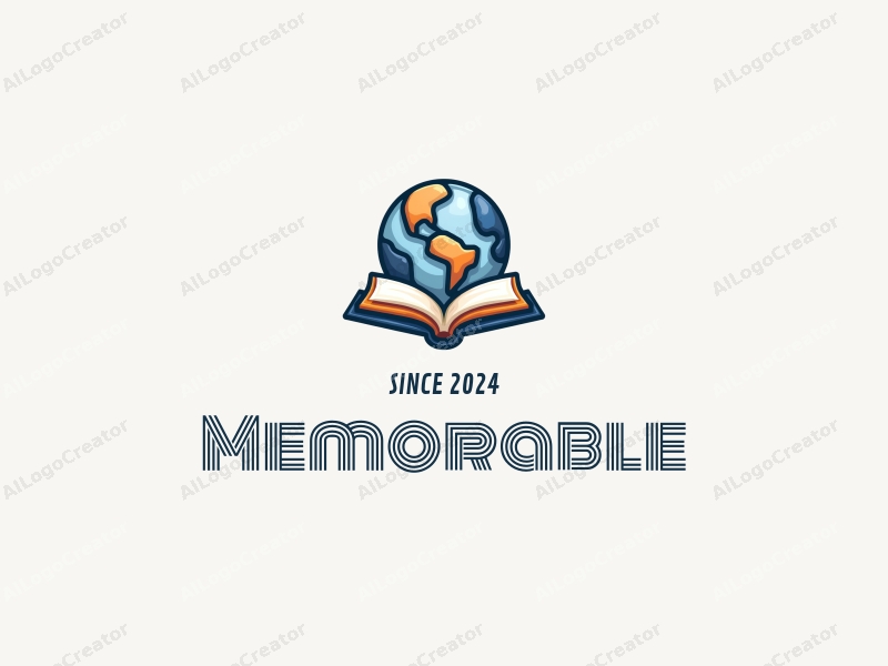 playful design features a stylized globe intertwined with an open book, incorporating blue and orange colors, creating a harmonious and clean composition.