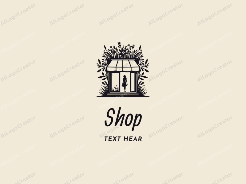 a modern design featuring a stylized shop front, intertwined with floral elements and a silhouette of a woman, combined with a clean background.