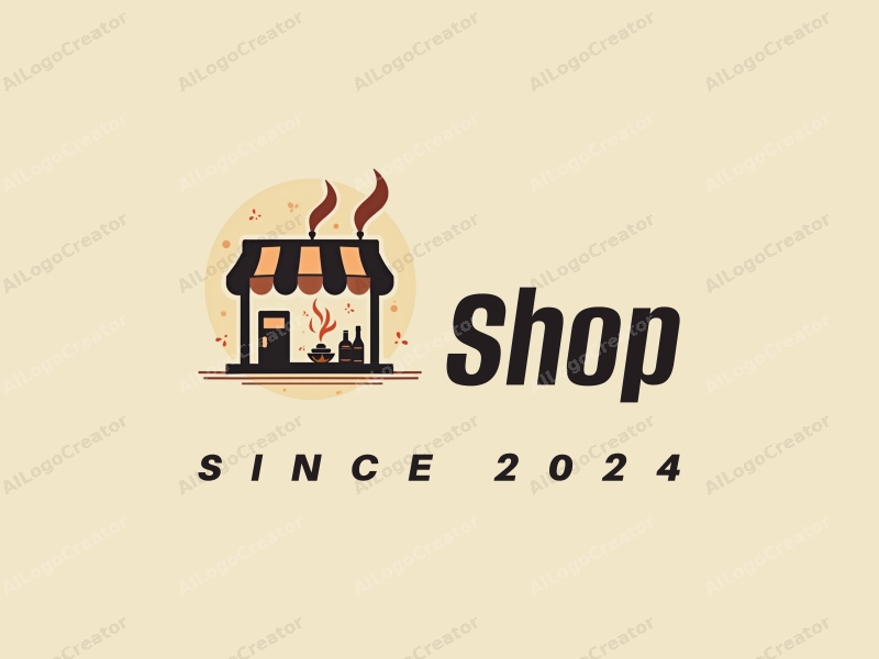 modern design features a stylized shop silhouette with flowing smoke and liquid elements, combined with a clean background.