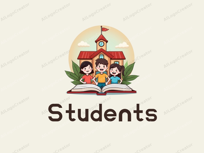 playful design features cheerful students, a stylized school building, open books, and pencils arranged harmoniously with a vibrant background.