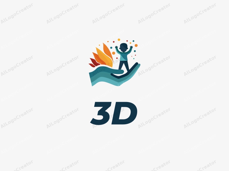 a modern design featuring a colorful 3D hand interacting with a playful child, incorporating dynamic elements that convey movement and creativity, set against a clean background.