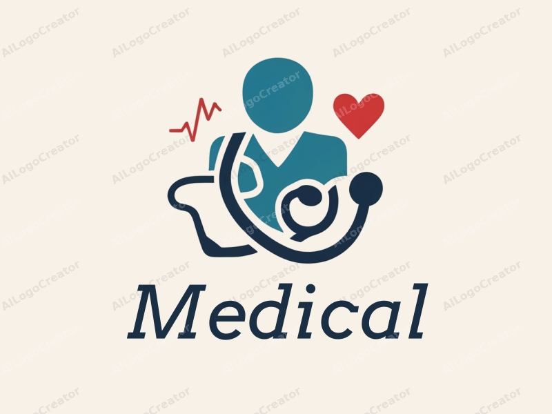 modern design features a stylized hospital silhouette, a doctor figure, a stethoscope intertwined with a heartbeat line, combined with a clean background.