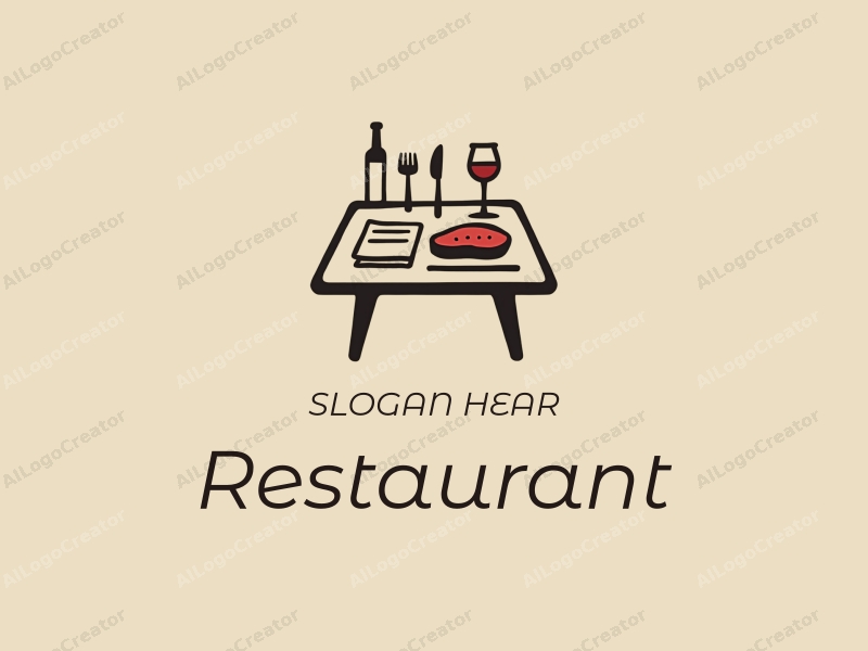 modern design features a stylized dining table with a menu, a minimalist steak illustration, and a wine glass, combined with a clean background.