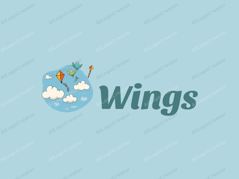 playful design features stylized wings and kites soaring through fluffy clouds, combined with a clean blue background.