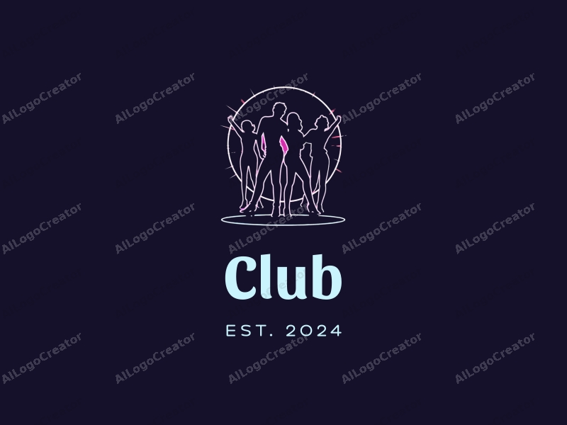 a modern and vibrant design featuring stylized dancers illuminated by neon lights, incorporating a dynamic composition with a clean background, emphasizing nightlife and social gatherings.