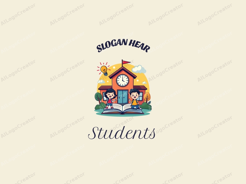 playful design features cheerful students, a stylized school building, open books, and lightbulbs, combined with a vibrant and colorful background.