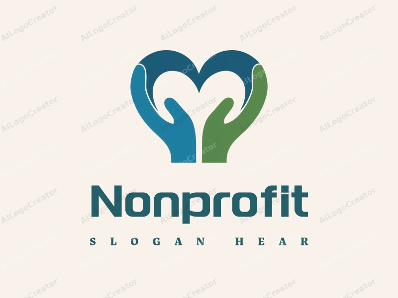 a modern minimalist design featuring a heart shape intertwined with a hand symbol, representing charity and volunteerism, using a blue and green color palette, combined with a clean background.