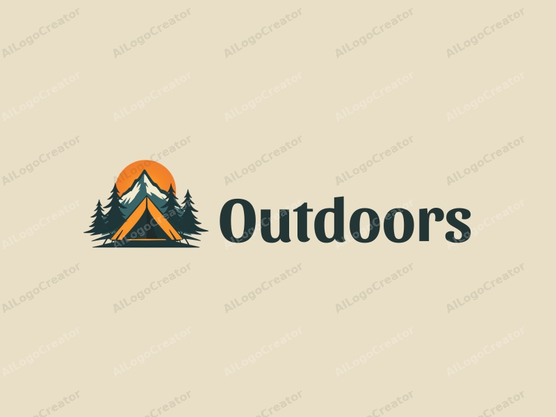 modern design features a stylized camping tent and mountain peak, combined with a clean background and a harmonious composition.