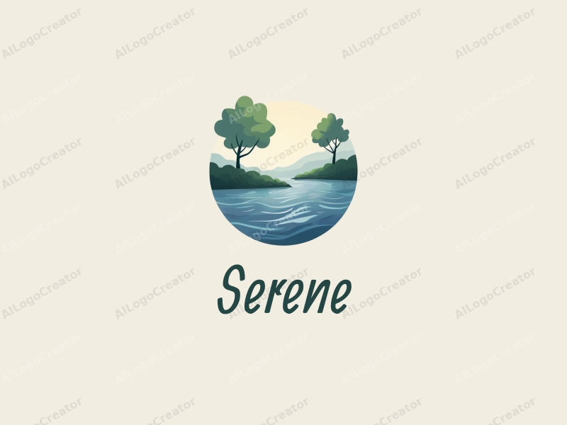 minimalist design features serene water ripples and gentle tree shadows, combined with a calming blue and green color palette, creating a peaceful atmosphere.