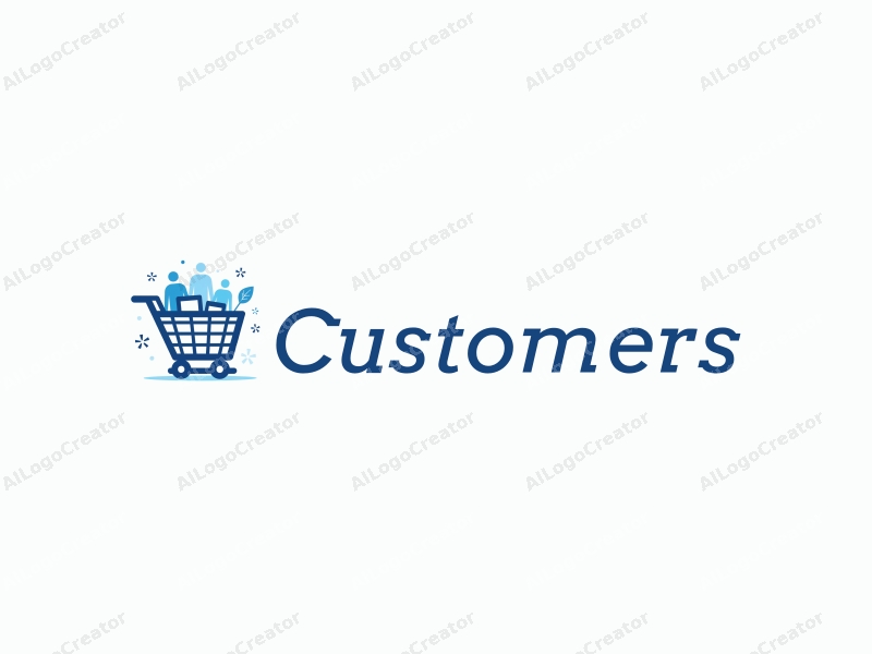 a modern design featuring a stylized shopping cart filled with products, accompanied by abstract representations of customers and shoppers, utilizing a clean and simple composition with a blue color palette.