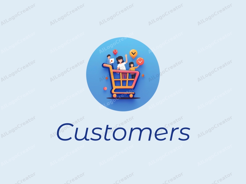 a modern design featuring a stylized shopping cart and a navigation sign, combined with abstract representations of customers and shoppers, set against a clean blue background.