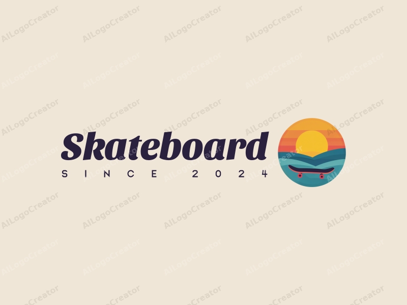 playful design features a vibrant skateboard silhouette under a bright sun, combined with a clean background and simple shapes.