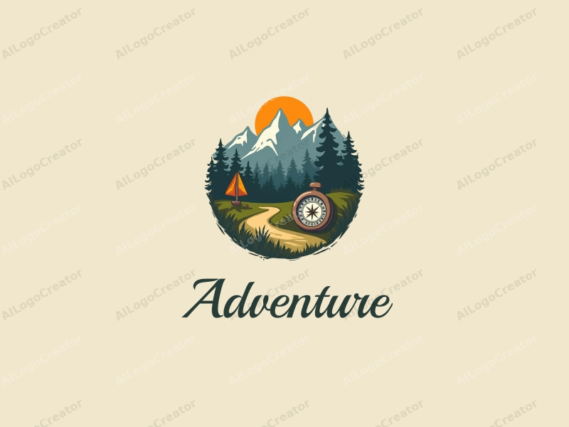 playful design features stylized mountains, a whimsical compass, and adventure elements combined with a clean background.