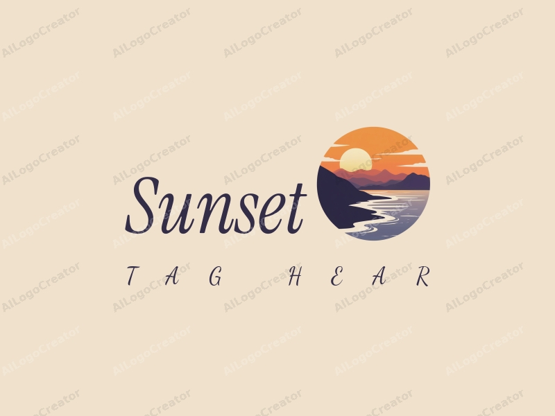 vintage design features a stylized sunset over a serene coastline with mountains in the background, using a harmonious blend of orange and purple colors, combined with a clean and simple layout.