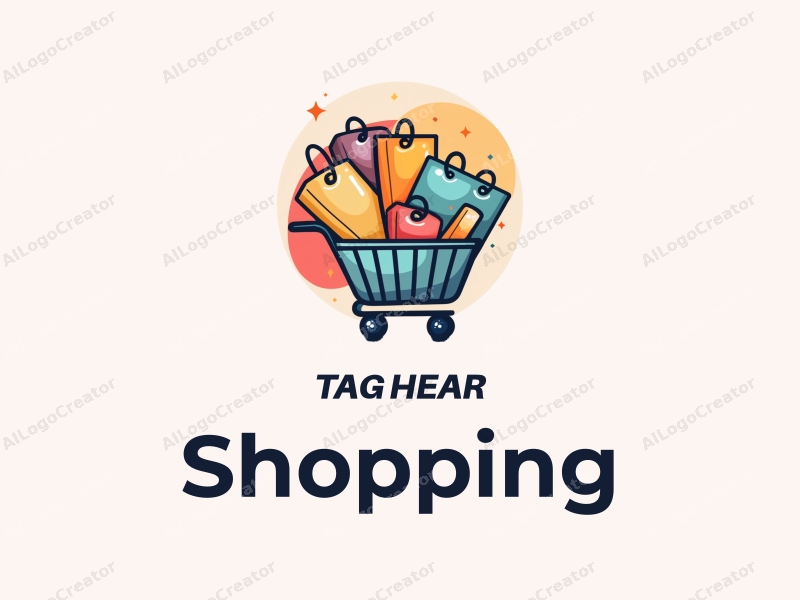 a modern design featuring a colorful shopping cart and tags, combined with a stylized mall background, emphasizing a vibrant retail atmosphere.