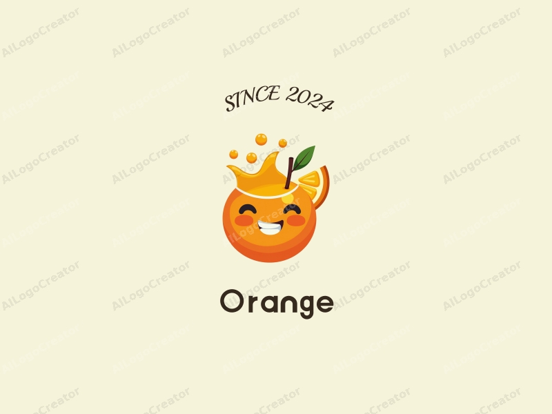 playful design features a vibrant orange, a stylized juice splash, and a smiling face, combined with a clean background.