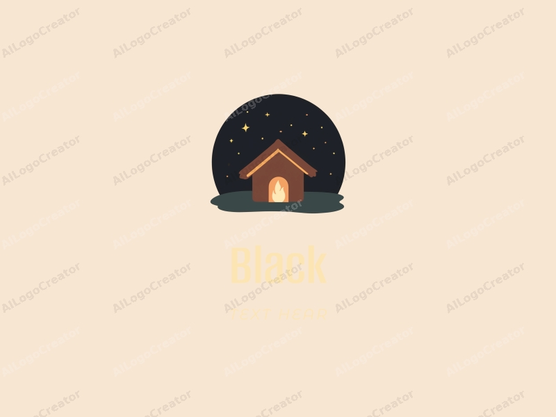 minimalist design features a cozy home silhouette against a black night sky, incorporating simple geometric shapes to evoke warmth and comfort.