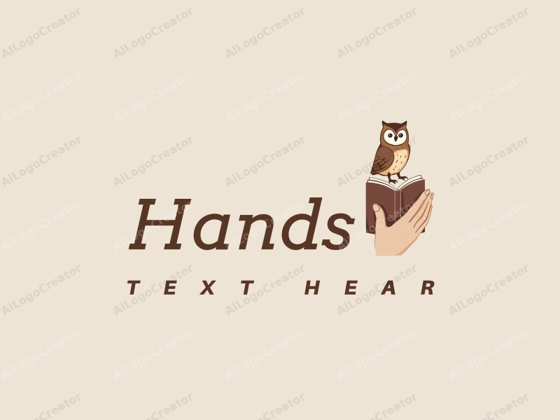 a modern design featuring a hand gently holding a book with an owl perched on top, using skin tone colors for a warm and inviting feel, combined with a clean background.