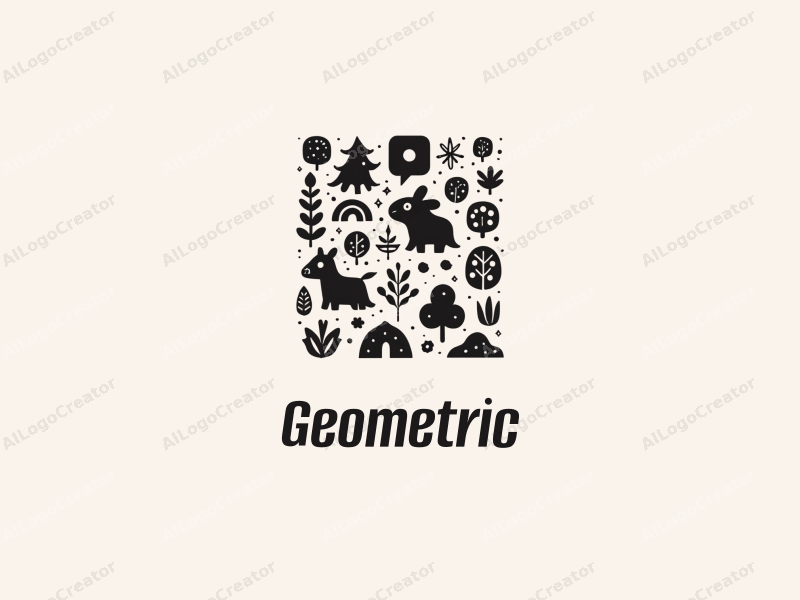 geometric design features a combination of square and circular shapes, playful animal silhouettes, and child-friendly elements, all presented in a harmonious black and white color scheme.