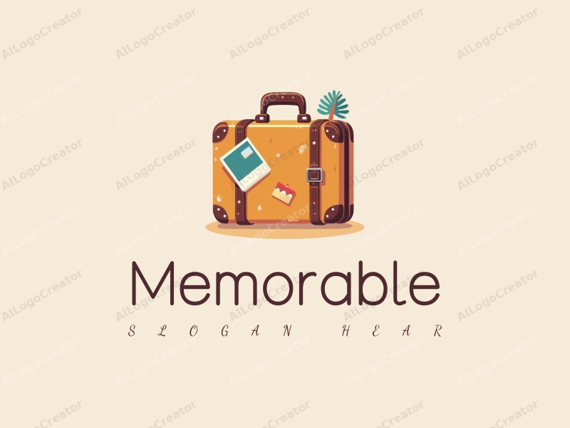 playful design features a stylized travel suitcase and a postcard, combined with a clean background and a whimsical approach.