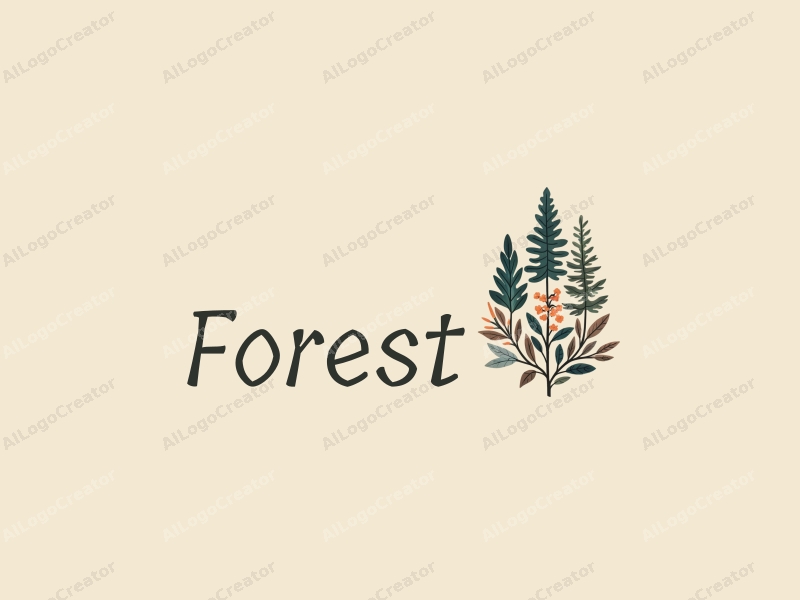 vintage design features stylized trees and flowers, combined with leaves, creating a harmonious and clean composition on a natural background.