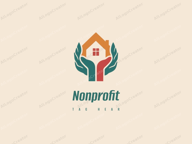 modern design features stylized hands representing charity and volunteers, a house symbolizing home and care, combined with a clean background and harmonious composition.