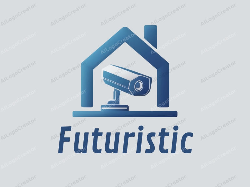 modern design features futuristic elements like a stylized smart home silhouette and a sleek surveillance camera, combined with a clean background in silver and blue tones.