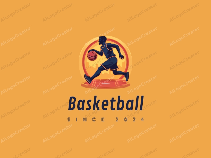 playful design features a stylized basketball, an athlete in motion, and a basketball court background combined with a clean and simple layout.