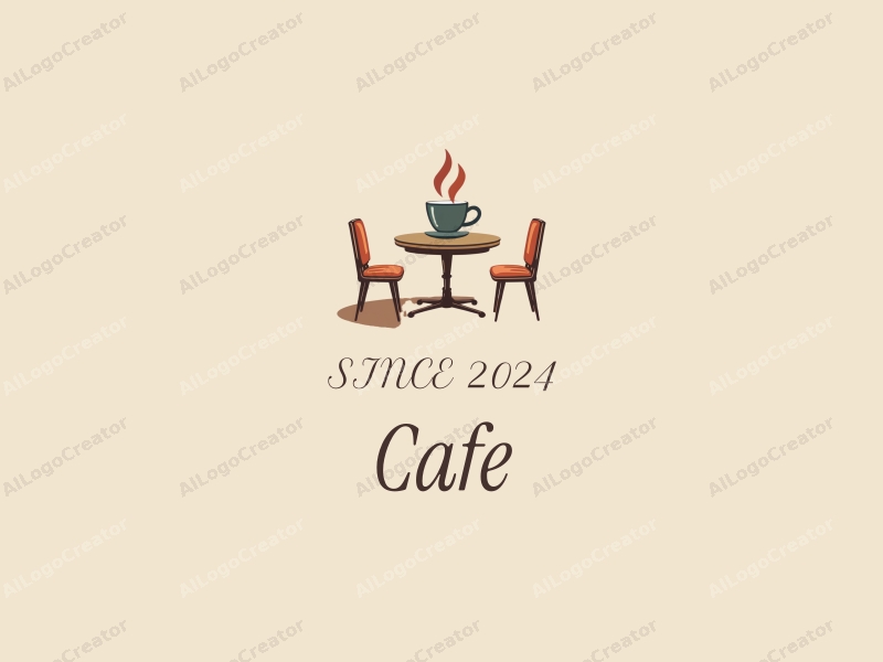 vintage design features a stylized coffee cup, retro table, and chairs, combined with a clean background.